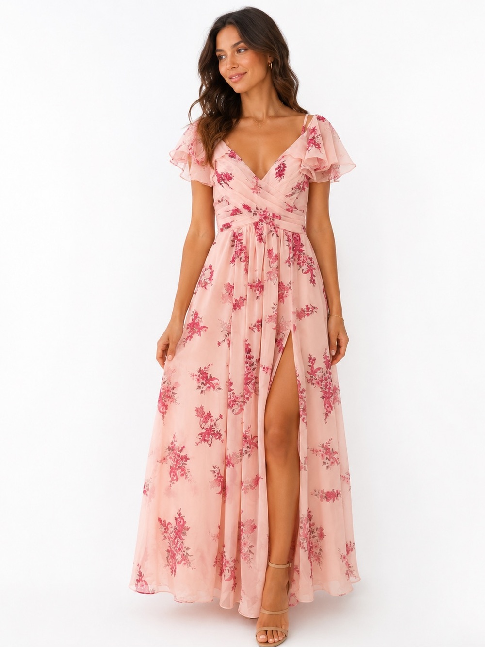 Pink Floral Chiffon Corset Lace-Up Maxi Gown Wedding Guest Dress NWT Size 4